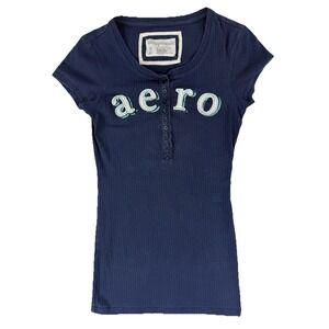Vintage AEROPOSTALE Short Sleeve Ribbed Henley Junior Blue Medium Y2K Bella Swan